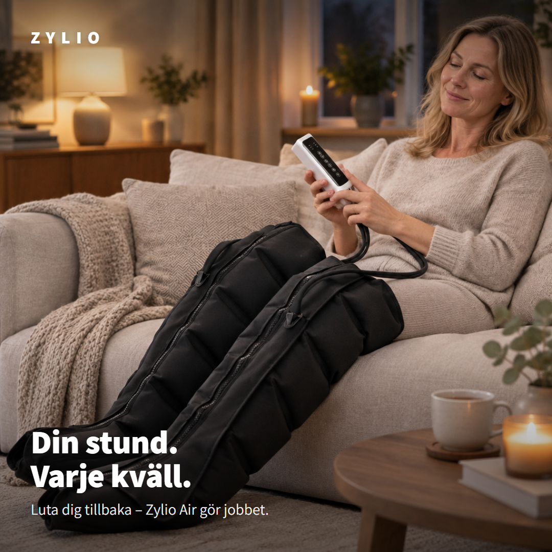 Kvinna vilar i soffan på kvällen med Zylio Air kompressionsbyxor