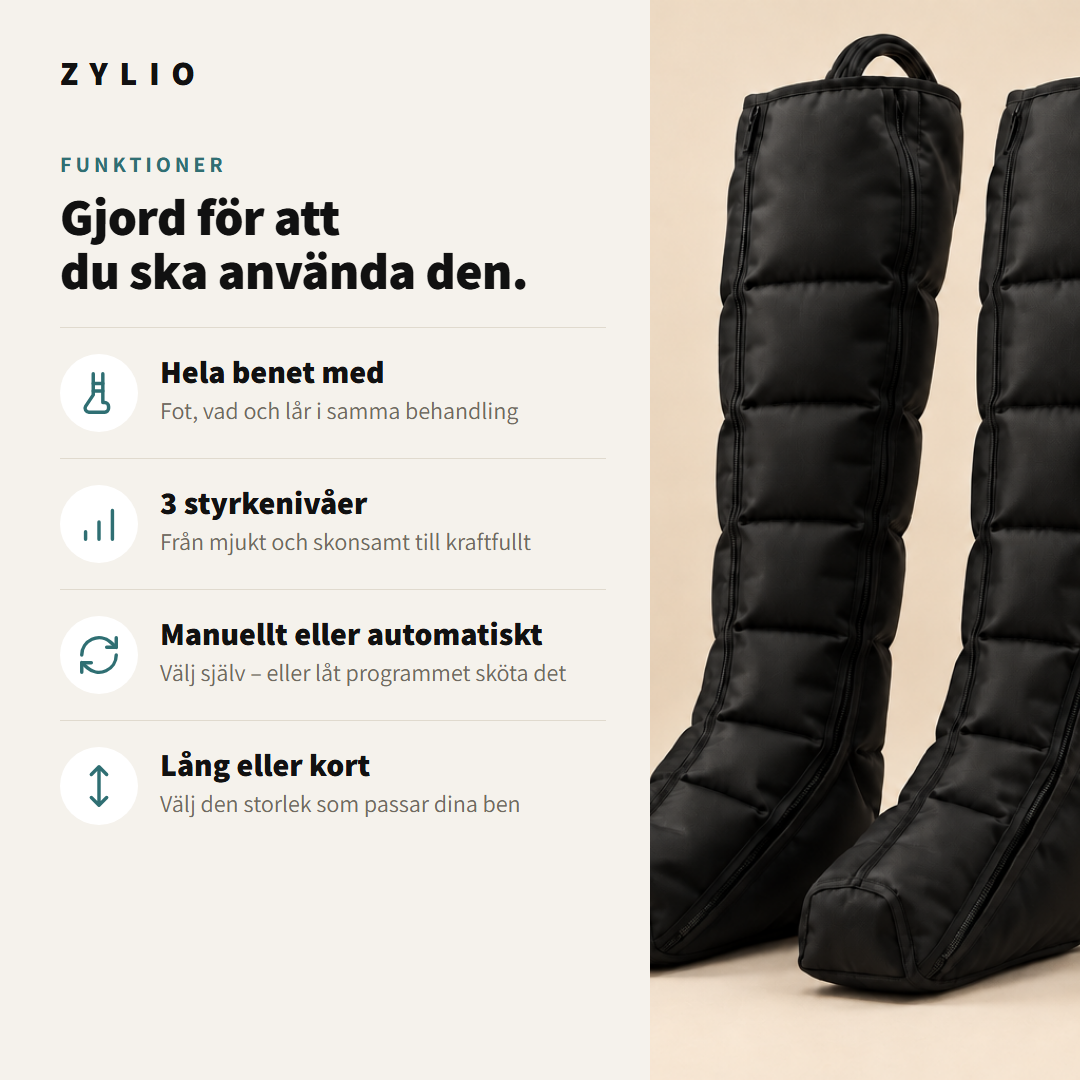 Funktioner: hela benet, 3 styrkenivåer, manuellt och automatiskt läge, lång eller kort