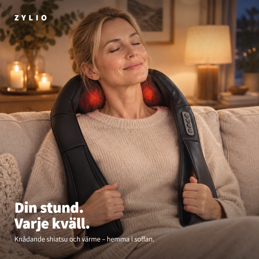 Kvinna i soffan med Zylio Neck runt nacken en kväll
