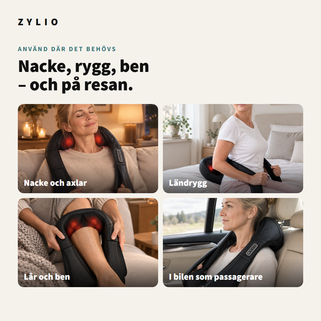 Använd mot nacke, ländrygg, ben och i bilen som passagerare