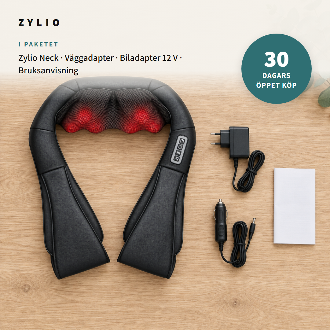 I paketet: Zylio Neck, väggadapter, biladapter och bruksanvisning – 30 dagars öppet köp